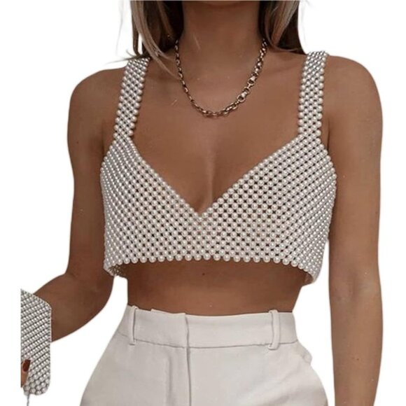 Handmade Pearl Beaded Crop Top For Women With V-Neck & Adjustable Fit - Picture 1 of 5